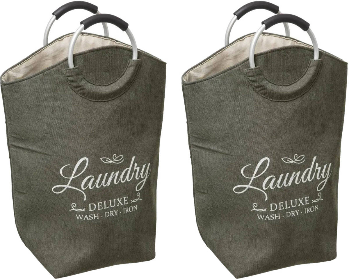 5five Wasmand XXL wasgoed zak met hengsels - 2x - olijfgroen - 35 liter - 52 x 28 x 60 cm - Wasmanden