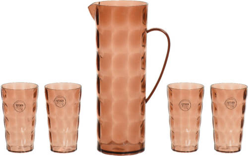 Decoris Waterkan/karaf set incl. 4 bekers - 1,7L - kunststof - terra bruin - Schenkkannen