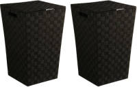 5five Wasmand gevlochten Rotan - 2x - zwart - 57 liter - 33 x 33 x 53 cm - met deksel - Wasmanden