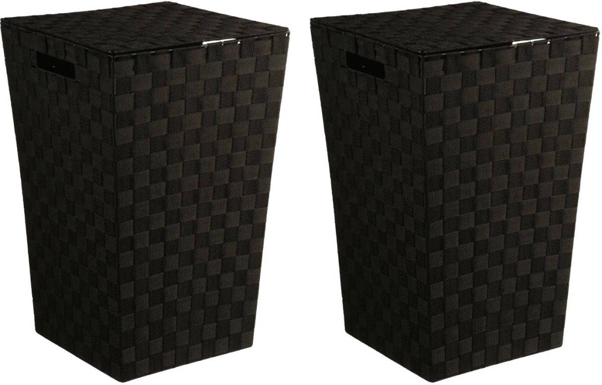 5five Wasmand gevlochten Rotan - 2x - zwart - 57 liter - 33 x 33 x 53 cm - met deksel - Wasmanden