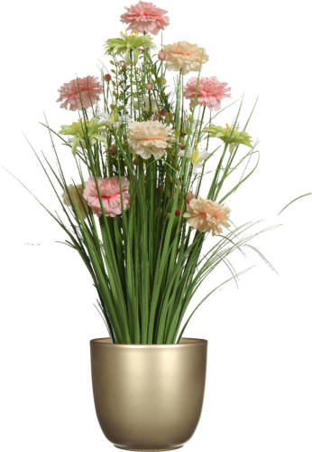 Everlands Kunstbloemen boeket roze - in pot goud - keramiek - H70 cm - Kunstbloemen