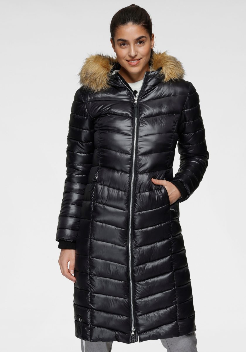 ALPENBLITZ Gewatteerde jas Moskau long met afneembaar beleg van imitatiebont bij de capuchon en glanzende finish voor jouw sportief-moderne outfit