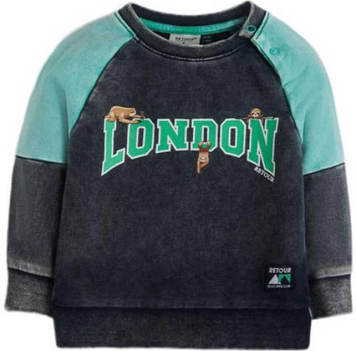 Retour Denim Retour X Anouk Matton sweater London met tekst donkerblauw/mintgroen