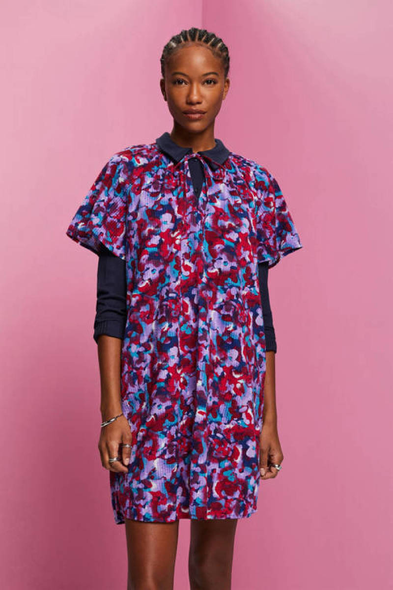 Esprit jurk met all over print en plooien donkerblauw/paars/rood