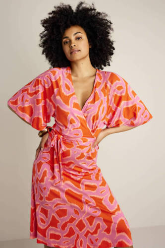Summum Woman overslagjurk met all over print en ceintuur oranje/roze