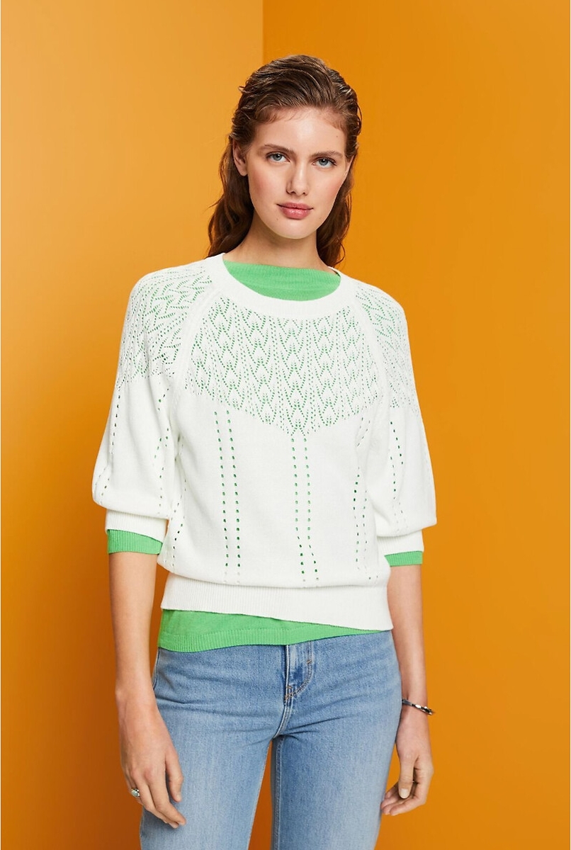 Esprit Trui met ronde hals, 3/4 mouwen, pointelle tricot