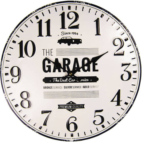 HAES deco - Wandklok 40 cm Vintage Zwart en Wit met bedrukking Garage - Wijzerplaat met Cijfers - Ronde Metalen Klok