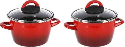 Magefesa Set van 2x stuks rvs rode kookpan/pan met glazen deksel 16 cm 3 liter - Kookpannen