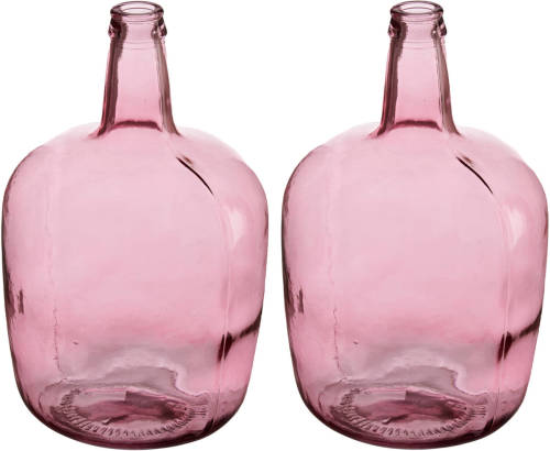Giftdeco Bloemenvazen 2x stuks - flessen model - glas - roze transparant - 22 x 39 cm - Vazen