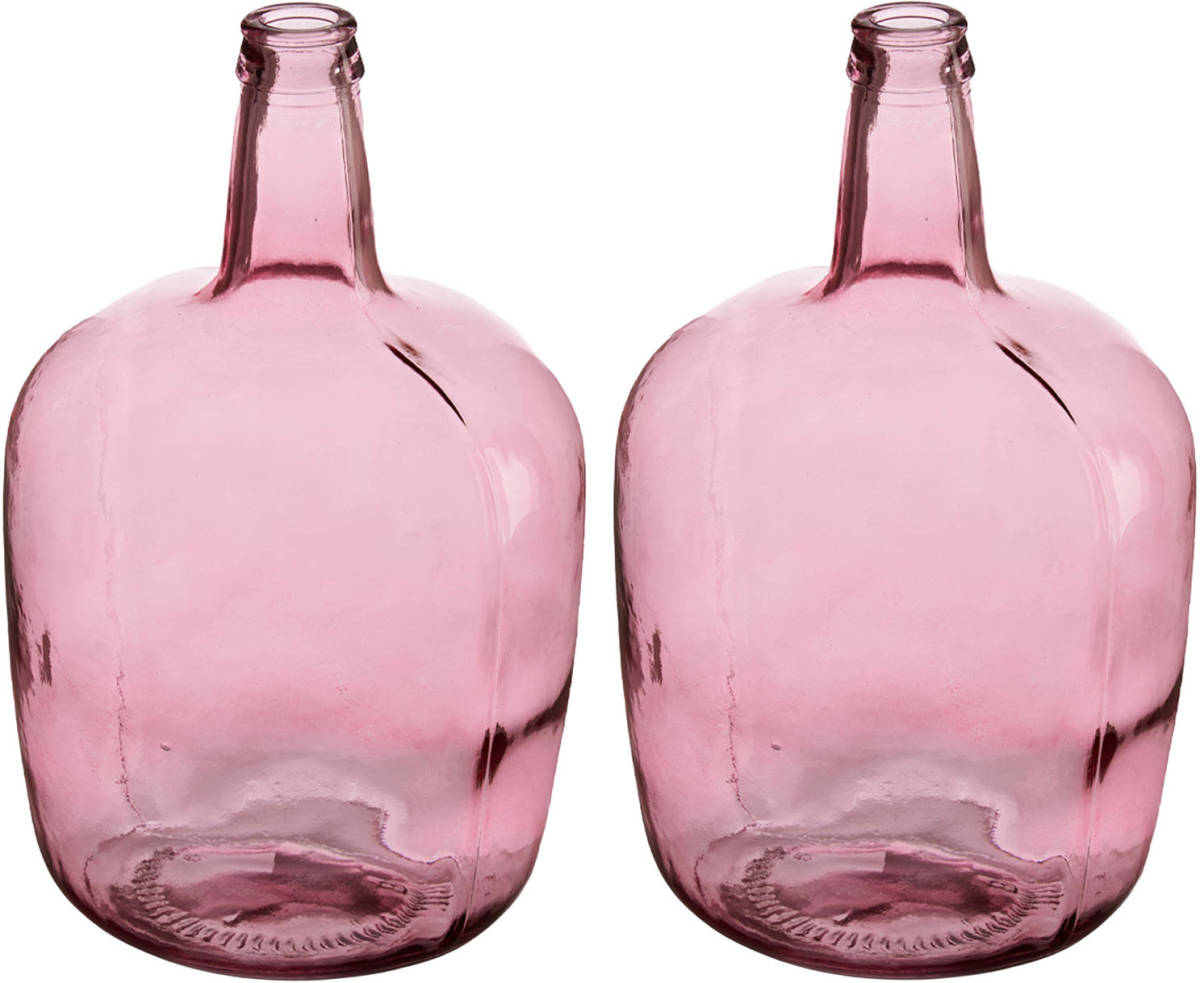 Giftdeco Bloemenvazen 2x stuks - flessen model - glas - roze transparant - 22 x 39 cm - Vazen