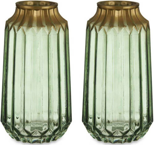 Giftdeco Bloemenvazen 2x stuks - luxe deco glas - groen transparant/goud - 13 x 23 cm - Vazen