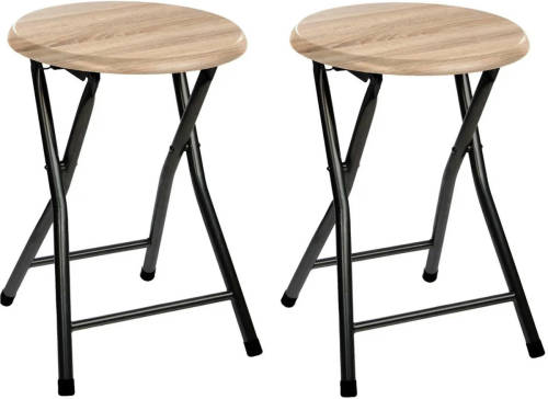 5five 2x stuks bijzet krukje/stoel - Opvouwbaar - zwart/hout - 46 cm - Bijzettafels