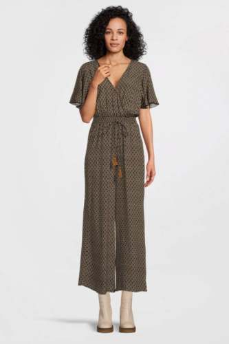 Geisha jumpsuit met all over print zwart/bruin/wit