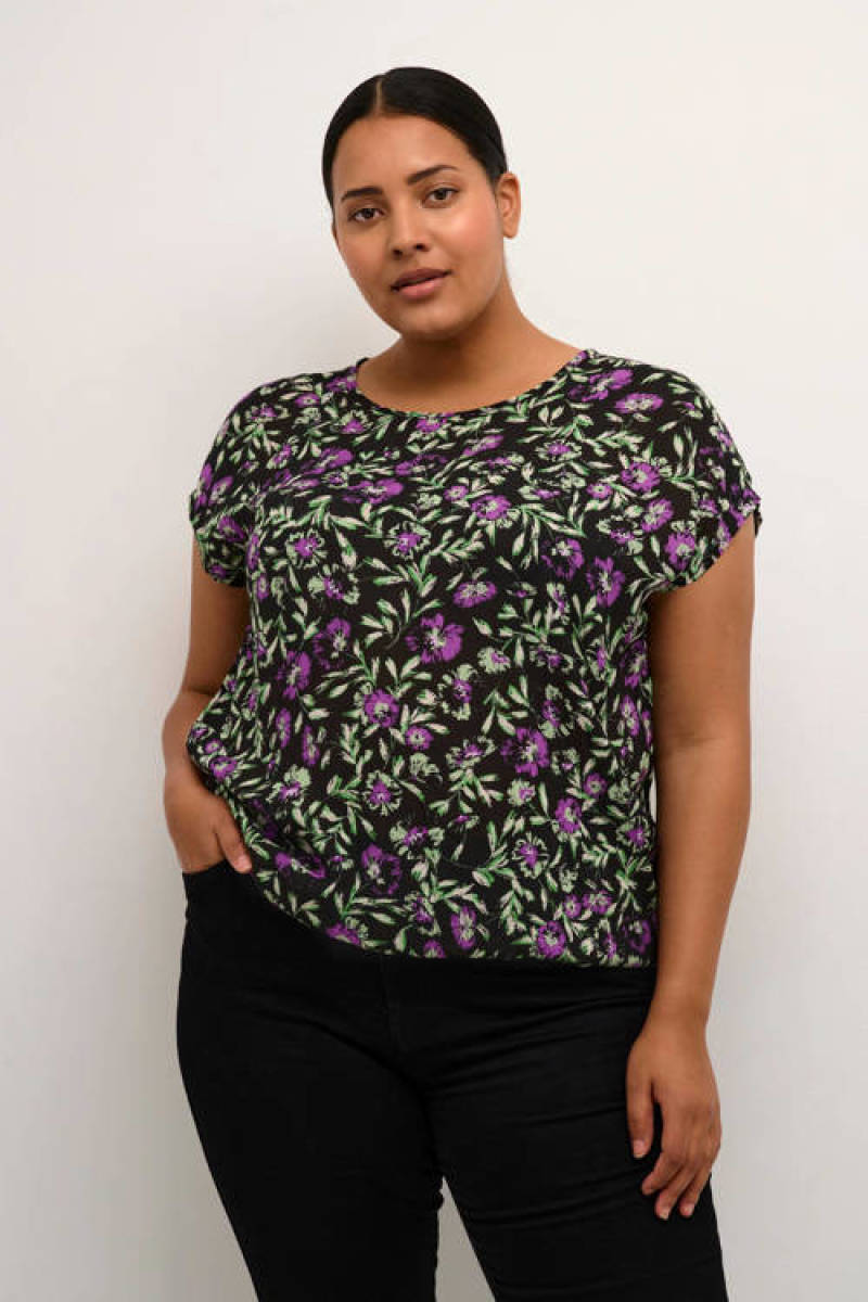 Kaffe Curve gebloemde blousetop KCisma zwart/paars/groen