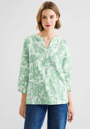 Street One blousetop met linnen en bladprint lichtgroen/wit
