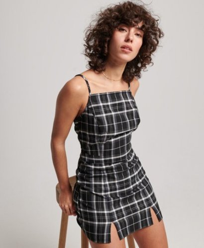 Superdry Vrouwen Vintage Minicami-jurk met Ruitjes Zwart Grootte: 42
