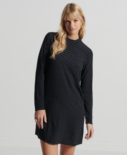 Superdry Vrouwen Studios Geweven Mini-jurk met Lange Mouwen Zwart Grootte: 40