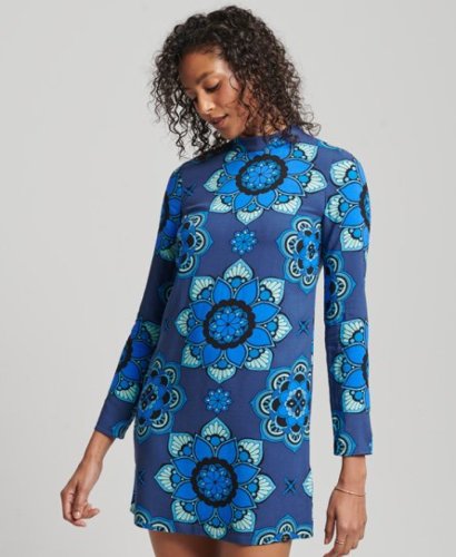 Superdry Vrouwen Mini-jurk met Print en Lange Mouwen Blauw Grootte: 38