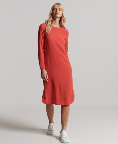 Superdry Vrouwen Rechte Studios Midi-jurk met Lange Mouwen Oranje Grootte: 38
