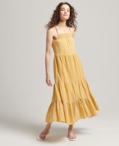 Superdry Female Vintage Cami Maxi-jurk met Kant Geel Grootte: 38