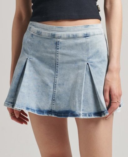 Superdry Vrouwen Geplooide Vintage Minirok met A-lijn Blauw Grootte: 42