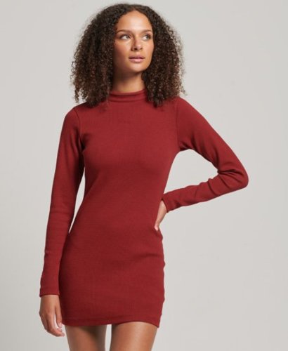 Superdry Vrouwen Geribde Aansluitende Mini-jurk met Lange Mouwen Rood Grootte: 40