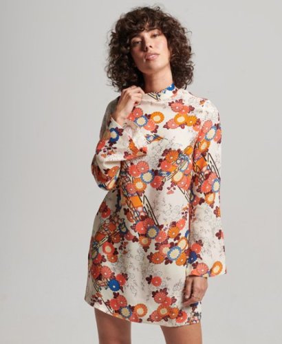 Superdry Vrouwen Mini-jurk met Print en Lange Mouwen Crème Grootte: 36