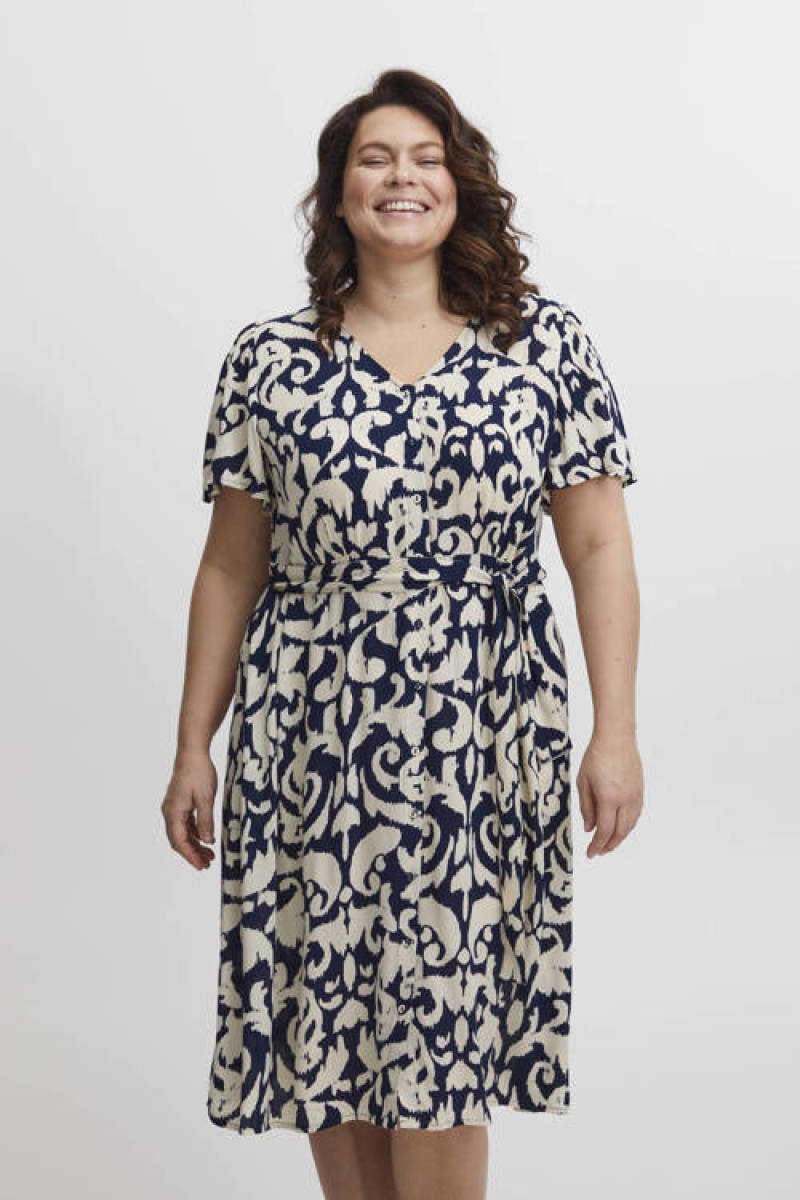 Fransa Plus Size Selection jurk FPIRIA met all over print en ceintuur donkerblauw/ecru