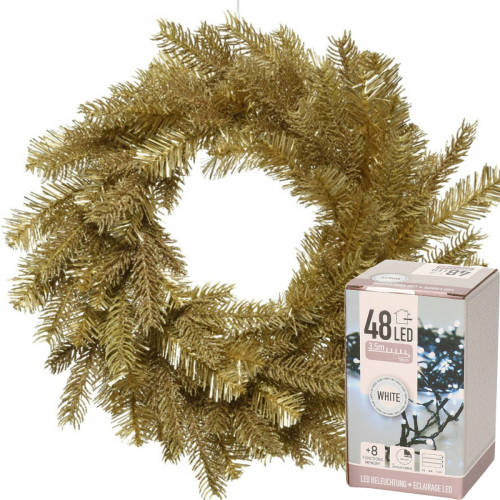 Decoris Kerstkrans goud glitter 50 cm incl. verlichting helder wit 4m - Kerstkransen