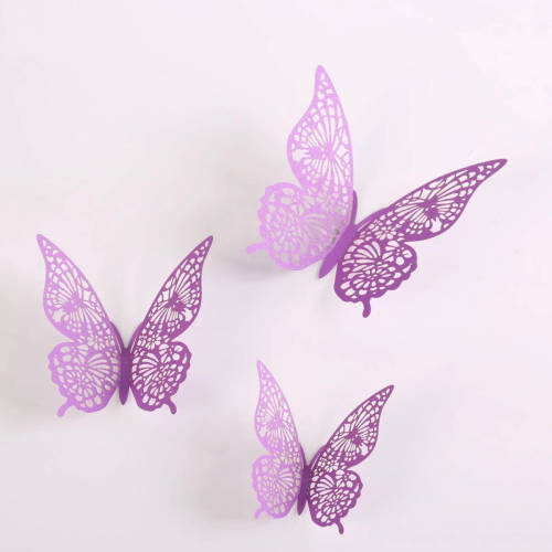 VSE Cake topper decoratie vlinders of muur decoratie met plakkers 12 stuks paars - 3D vlinders - VL-02