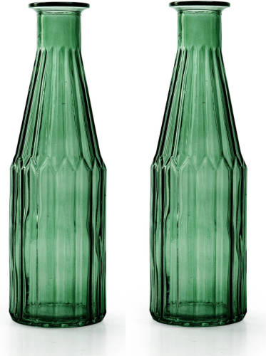 Jodeco Bloemenvaas Marseille - 2x - Fles model - glas - groen - H25 x D7 cm - Vazen