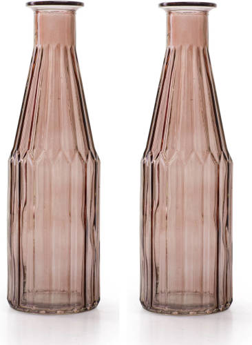 Jodeco - bloemenvaas Marseille - 2x - fles model - glas - roze - H25 x D7 cm - Vazen