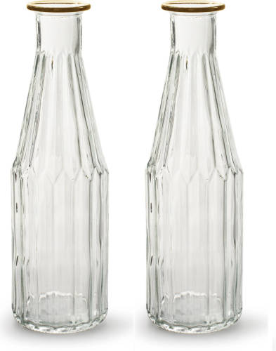 Jodeco - bloemenvaas Marseille - 2x - fles model - glas - transparant/goud - H25 x D7 cm - Vazen