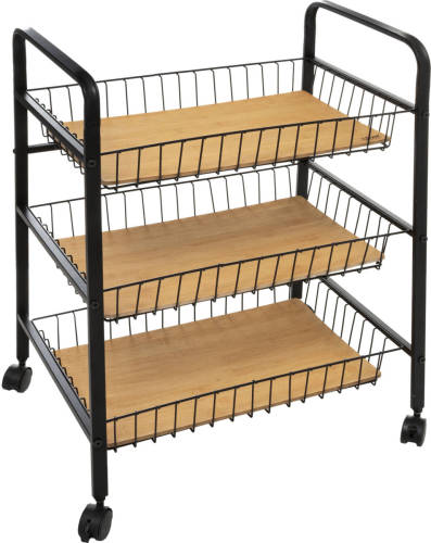 5five Keukentrolley zwart/bamboe 3-laags D39 x B52 x H70 cm - metaal/hout - Opberg trolley