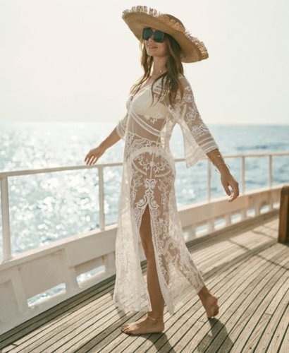Superdry Vrouwen Beach Cover Up Maxi-jurk met Kanten Details Crème Grootte: 42