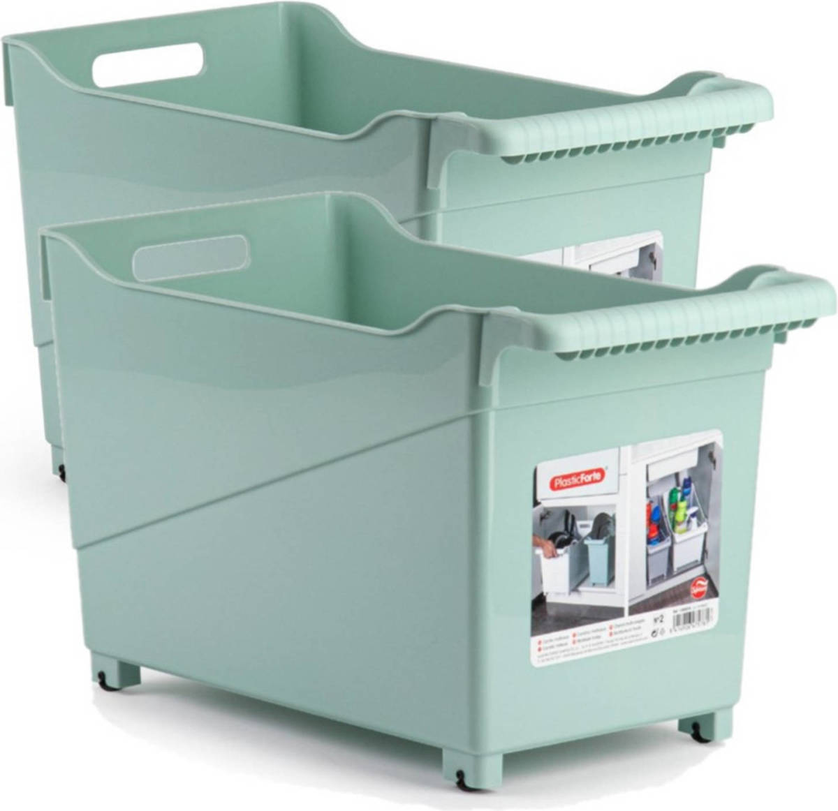 Forte Plastics Set van 2x stuks kunststof trolleys pastel groen op wieltjes L45 x B24 x H27 cm - Opberg trolley