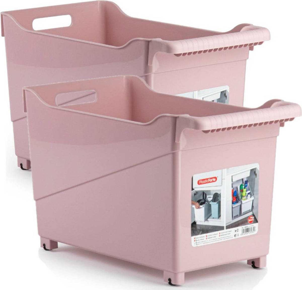 Forte Plastics Set van 2x stuks kunststof trolleys pastel roze op wieltjes L45 x B24 x H27 cm - Opberg trolley