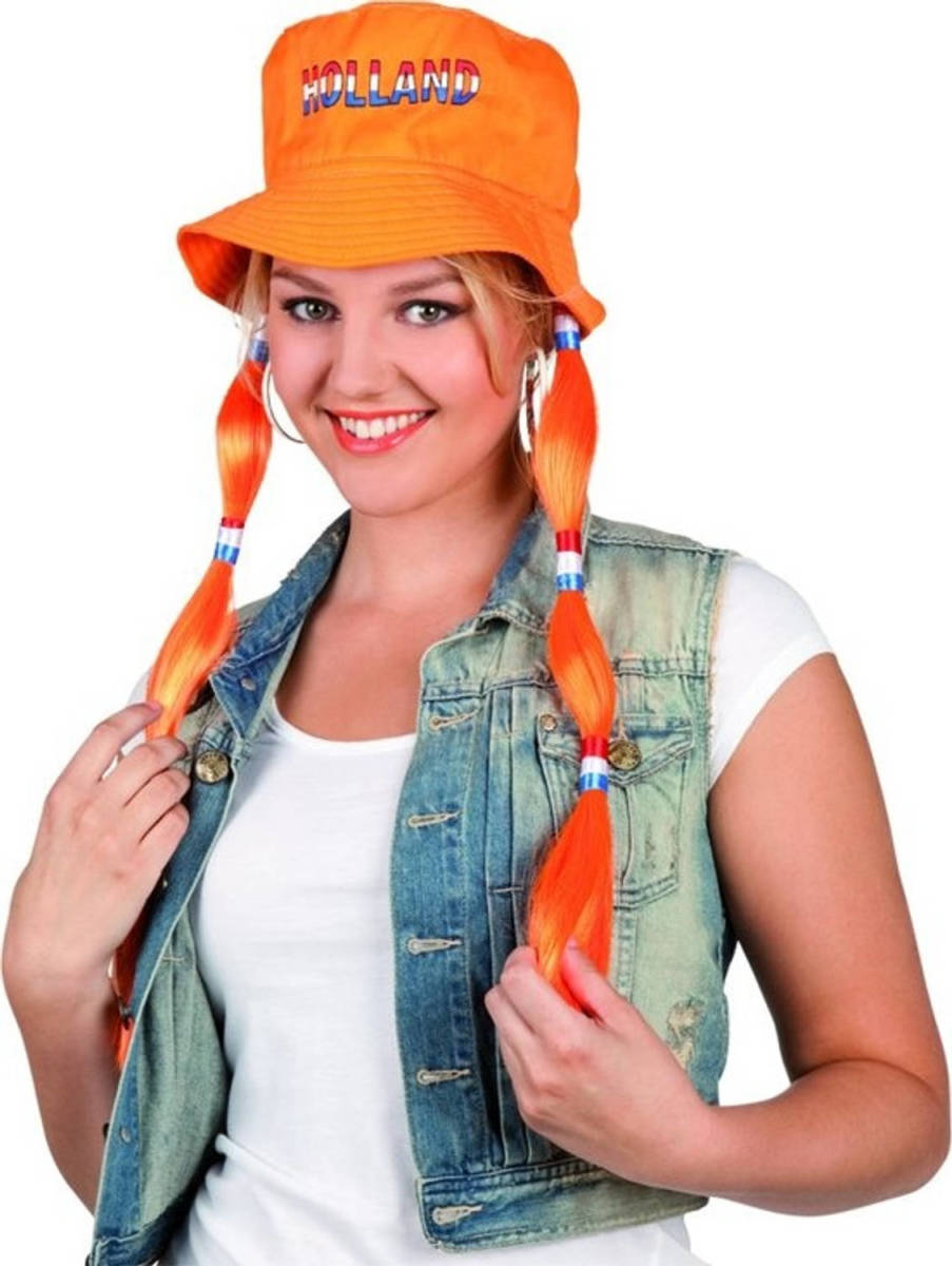 Made in Holland Oranje Hoedje met Vlechten - Oranje Versiering - Koningsdag - EK/WK Voetbal