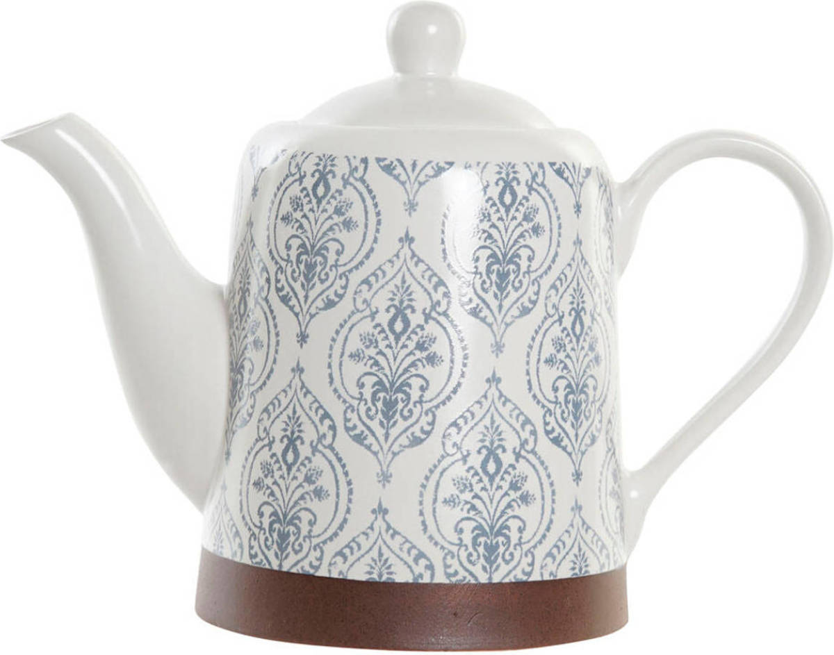 Theepot DKD Home Decor Blauw Bruin Rubberwood Wit Keramiek