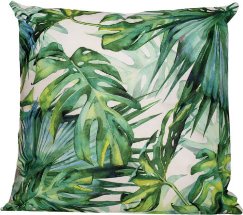 Anna's Collection Buitenkussen monstera - wit/groen - 60 x 60 cm - Water en UV bestendig - Sierkussens