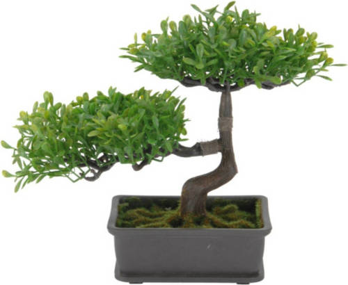 H&S Collection Kunstplant bonsai boompje in pot - Japans decoratie - 27 cm - lichtgroene blaadjes - Kunstplanten