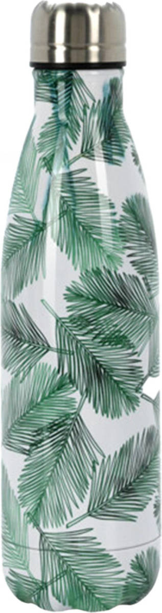 Excellent Houseware Isoleerkan/isolatiekan - RVS - 500 ml - groene bladeren print - Thermosflessen