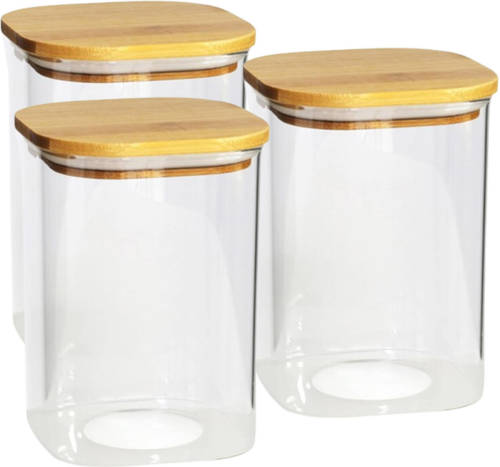 Gerim 3x stuks voedsel bewaren keuken voorraadpot - glas - bamboe deksel - 1100 ml - Voorraadpot