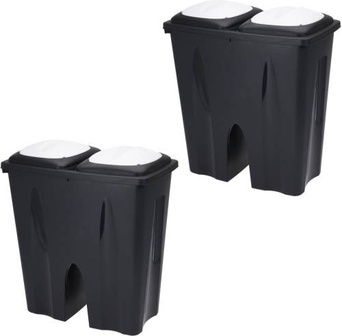 Bathroom Solutions 2x Stuks Afvalscheiding prullenbakken - 50L - gerecycled kunststof - zwart - Prullenbakken