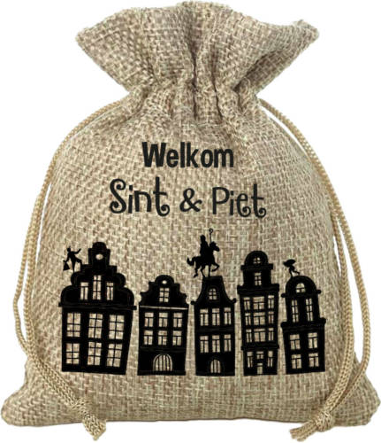 Folat Mini Sinterklaas jute cadeau zak Welkom Sint en Piet print met koord 18 x 25 cm - Uitdeelzakjes