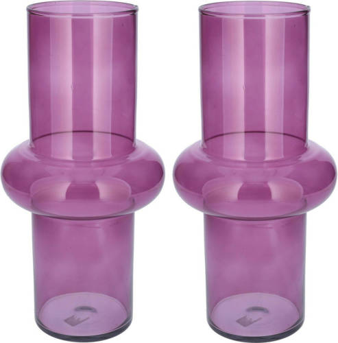 Bellatio Design Bloemenvaas - 2x - paars - transparant gerecycled glas - D15 x H31 cm - Vazen