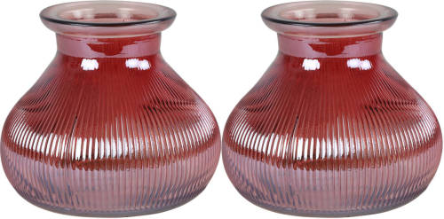 Decostar 2x Stuks Bloemenvaas - donkerroze/transparant glas - H12 x D15 cm - Vazen