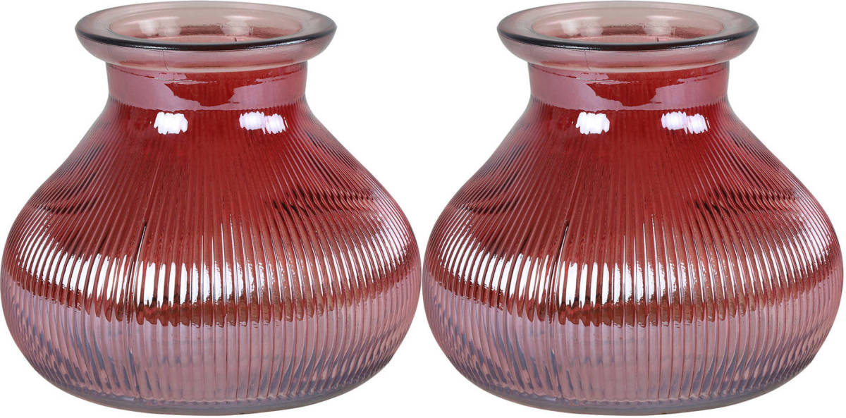 Decostar 2x Stuks Bloemenvaas - donkerroze/transparant glas - H12 x D15 cm - Vazen