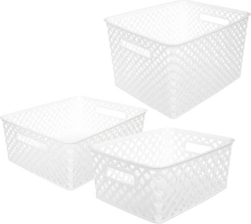 5five Set van 3x opbergmanden kunststof rechthoek wit - Opbergmanden