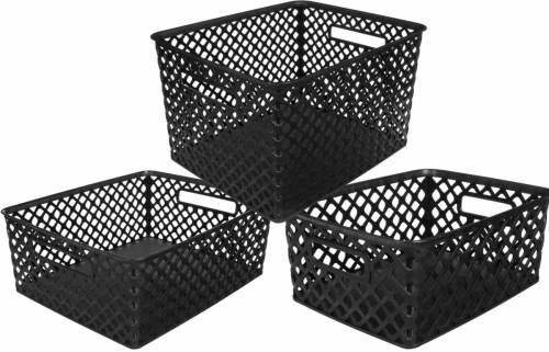 5five Set van 3x opbergmanden kunststof rechthoek zwart - Opbergmanden
